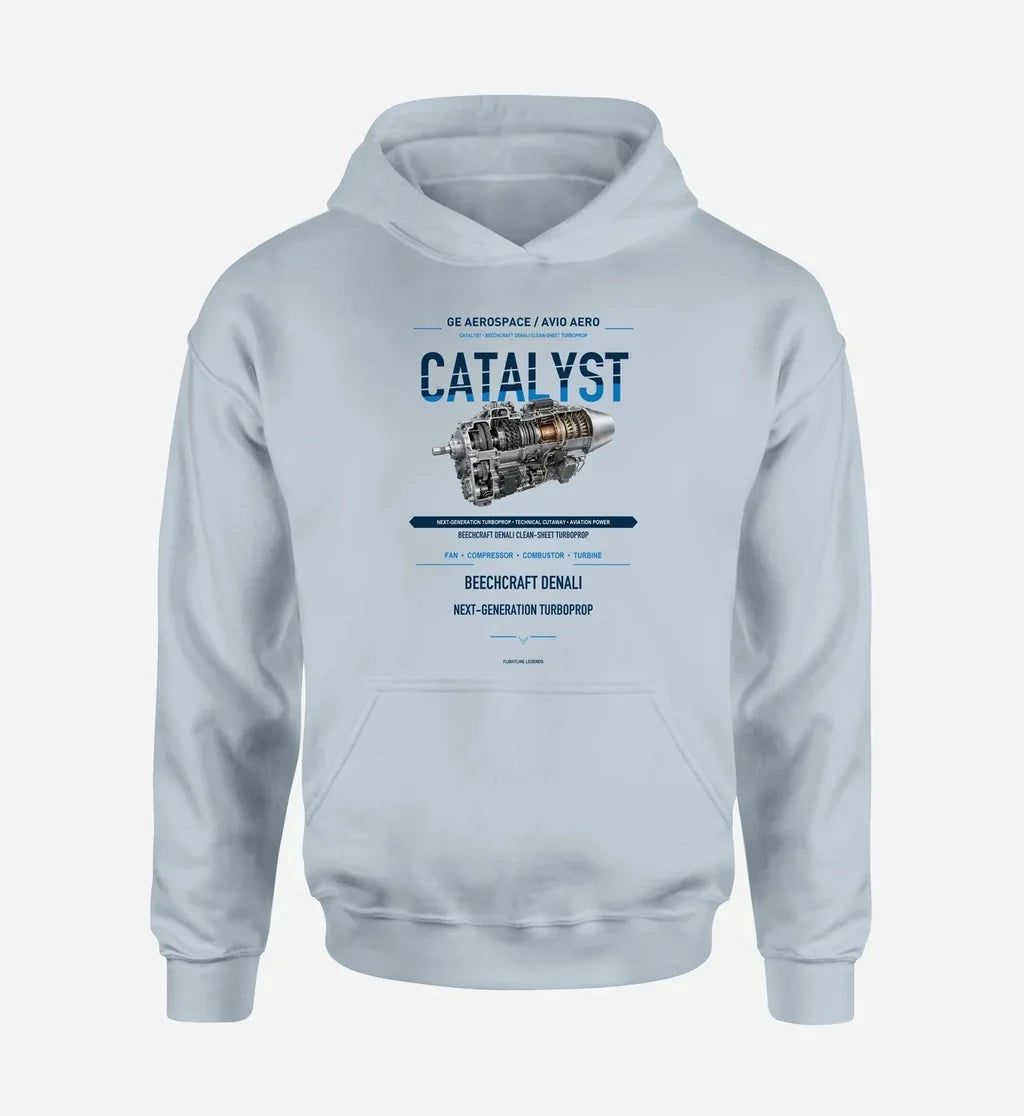 CATALYST design on light blue hoodie single side