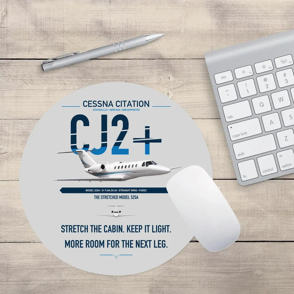 Cessna Citation CJ2+ design on light gray round mouse pad
