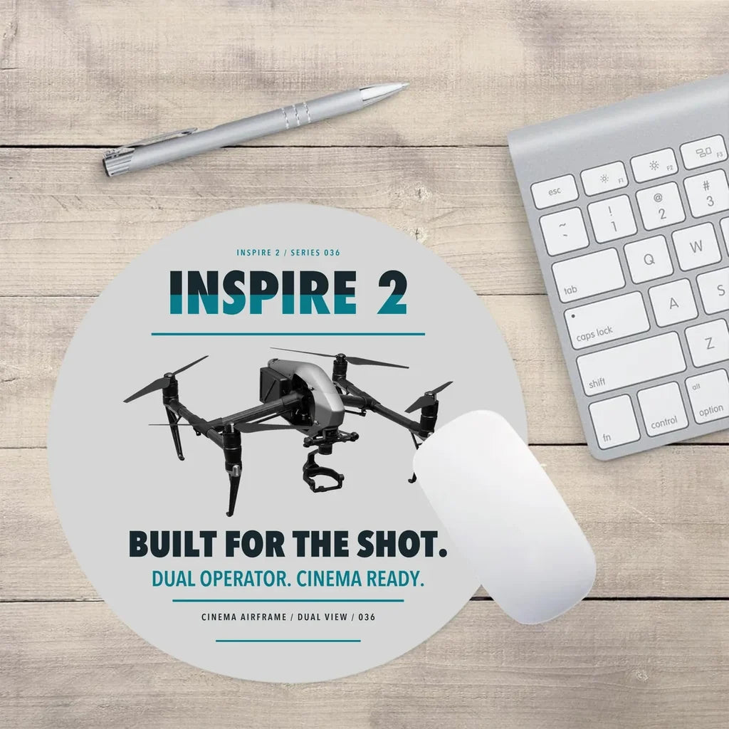 DJI Inspire 2 design on light gray round mouse pad