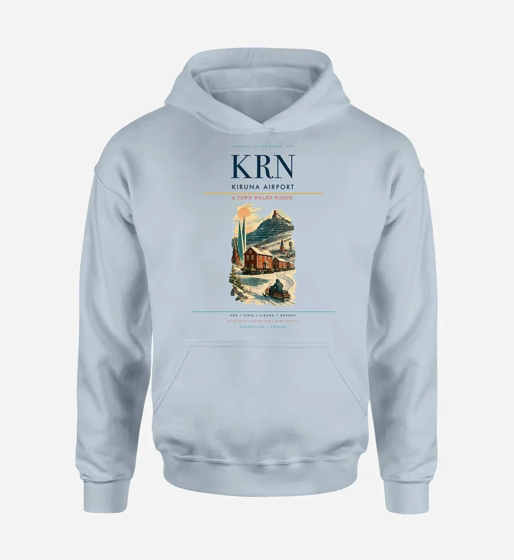 Kiruna Airport (KRN) design on light blue hoodie single-side print