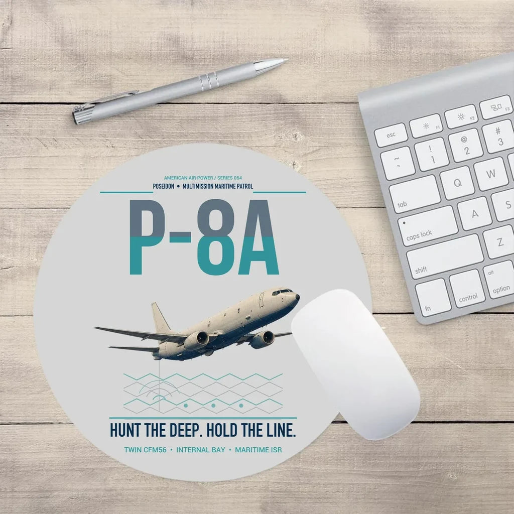 P-8A Poseidon design on light gray round mouse pad