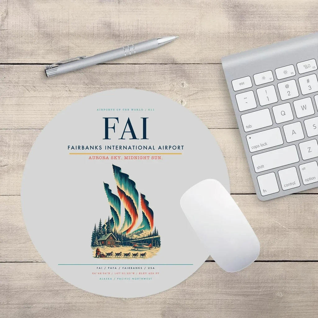 Fairbanks International Airport (FAI) design on light gray round mouse pad