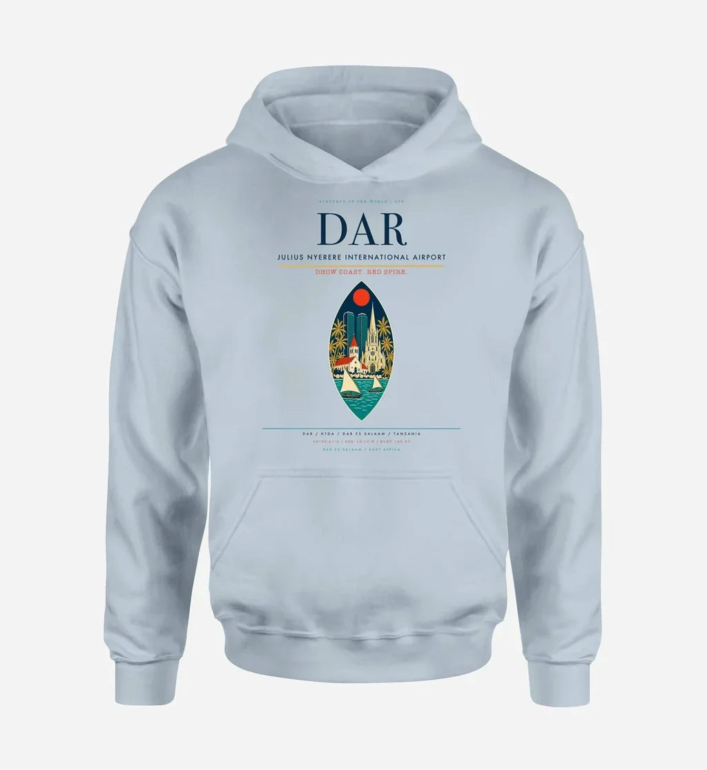 Julius Nyerere International Airport (DAR) design on light blue hoodie single-side print