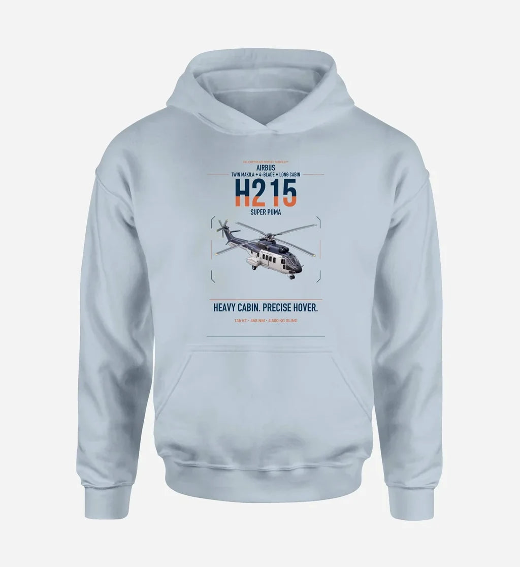 Airbus H215 design on light blue double-side hoodie, single-side print