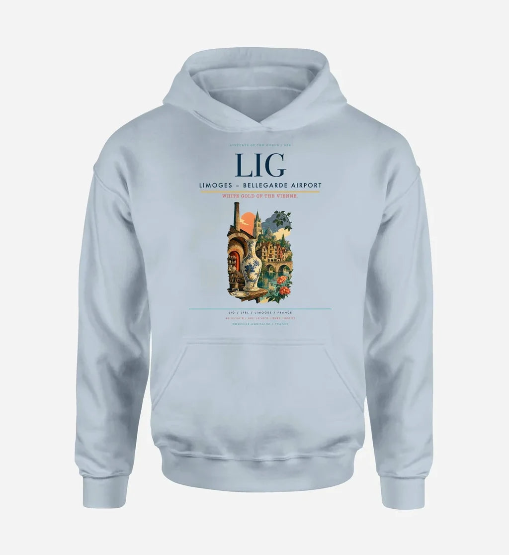 Limoges – Bellegarde Airport (LIG) design on light blue hoodie single-side print