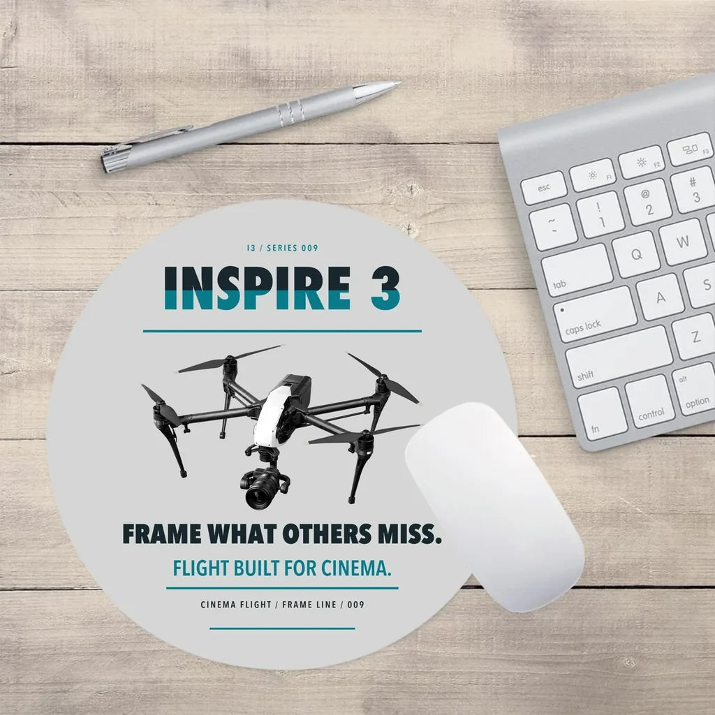 DJI Inspire 3 design on light gray round mouse pad