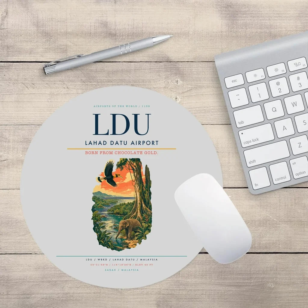 Lahad Datu Airport (LDU) design on light gray round mouse pad