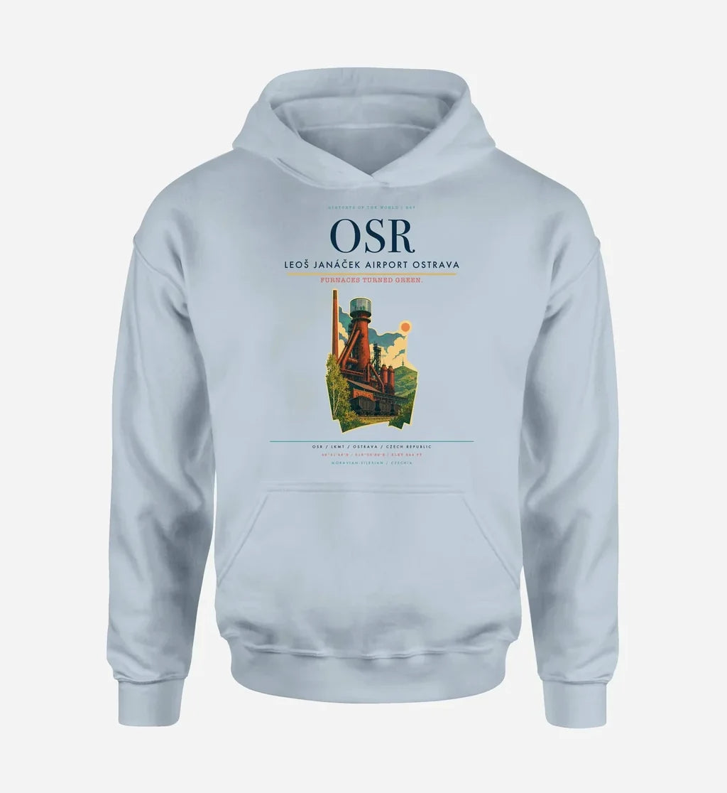 Leoš Janáček Airport Ostrava (OSR) design on light blue hoodie single-side print
