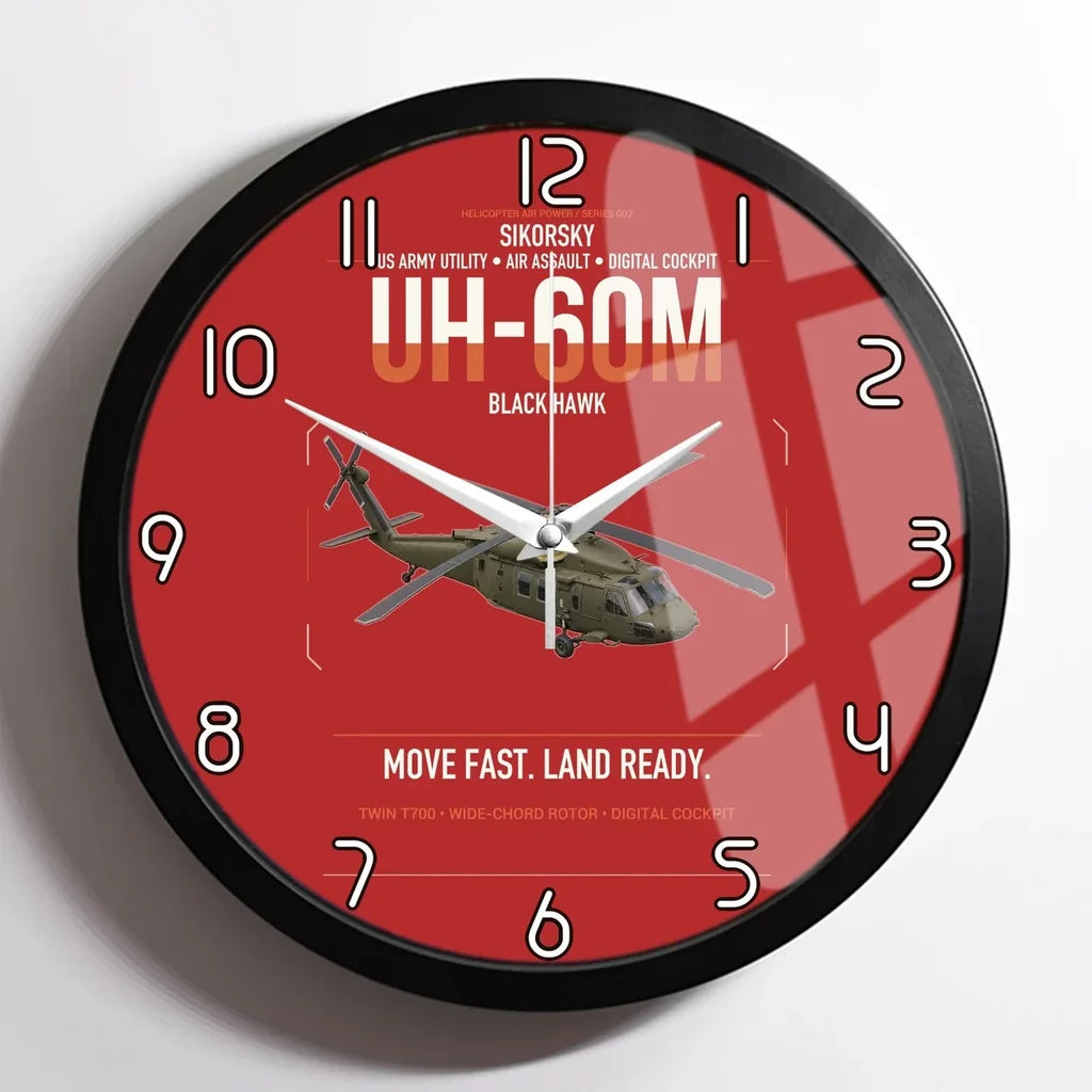 Sikorsky UH-60M Black Hawk design on red framed wall clock