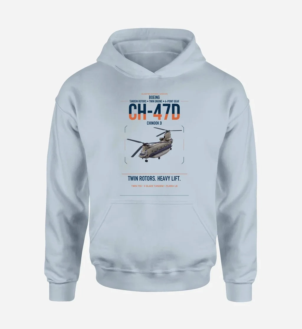Boeing CH-47D design on light blue double-side hoodie, single-side print