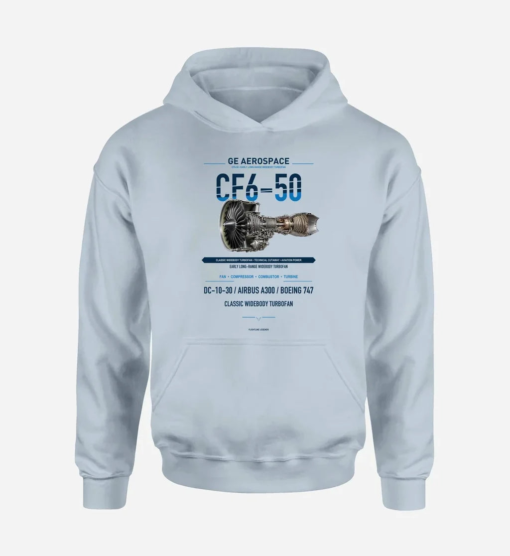 CF6-50 design on light blue hoodie single side