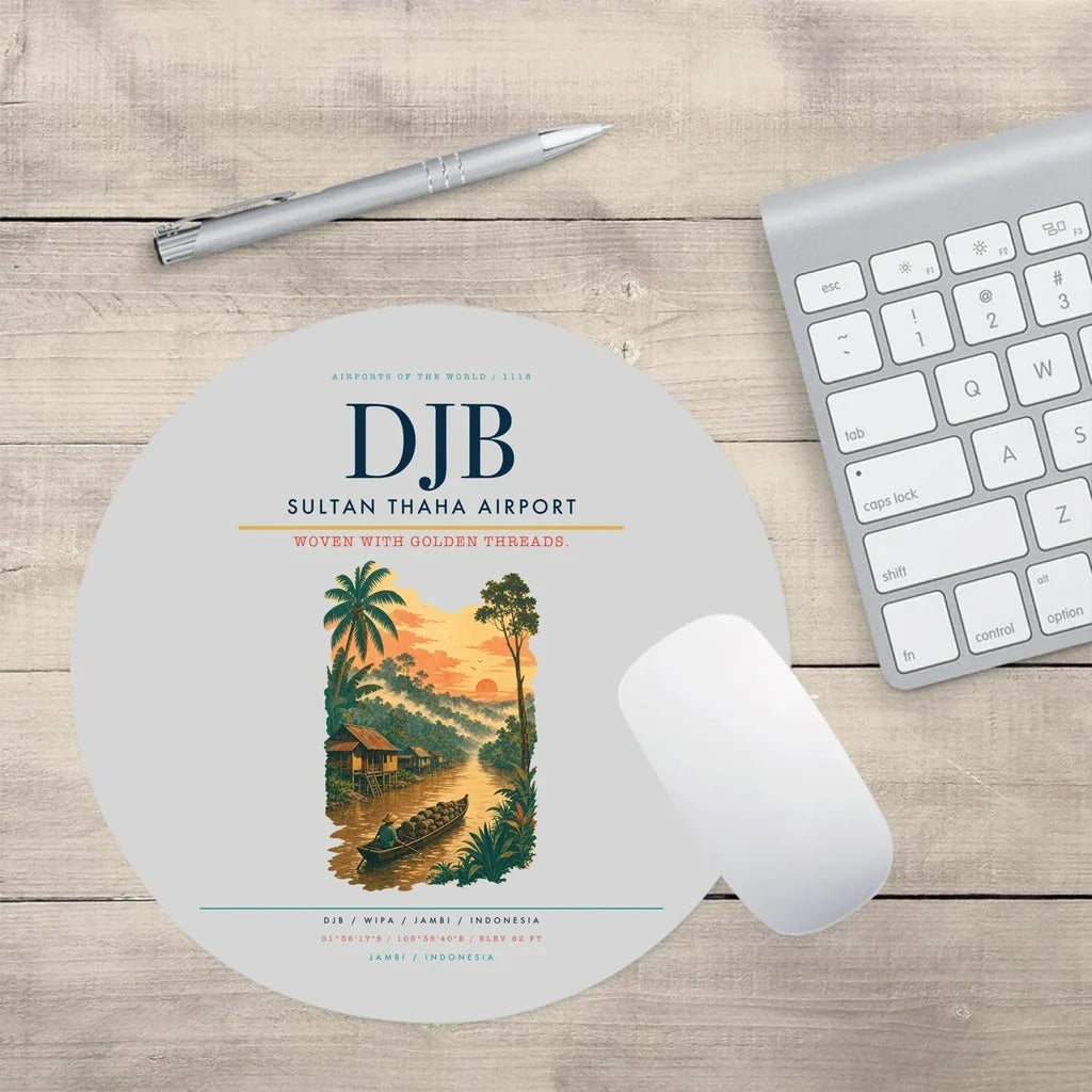 Sultan Thaha Airport (DJB) design on light gray round mouse pad
