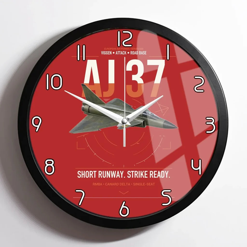 Saab AJ 37 Viggen design on red framed wall clock