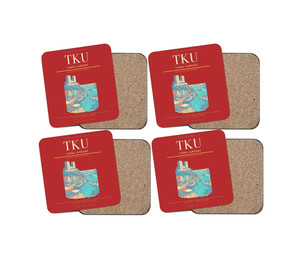 Turku Airport (TKU) design on red 4 pieces set coaster