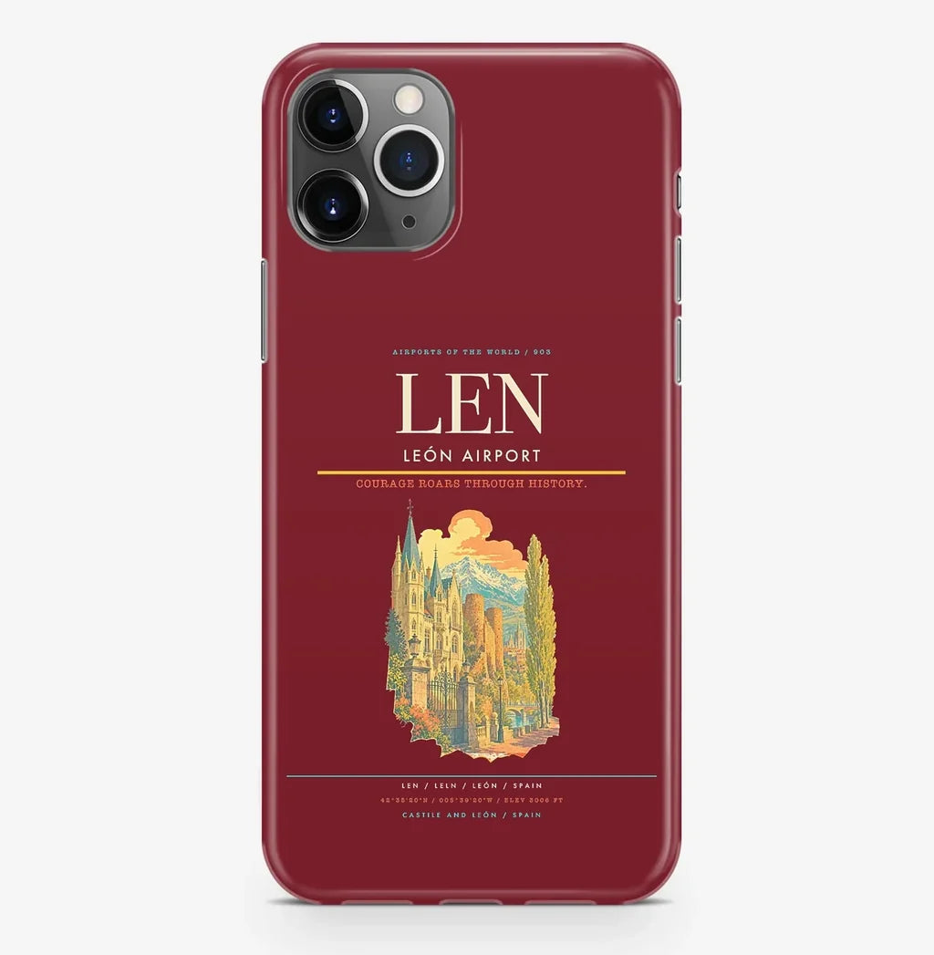 León Airport (LEN) design on dark red iPhone 16 Pro MagSafe case