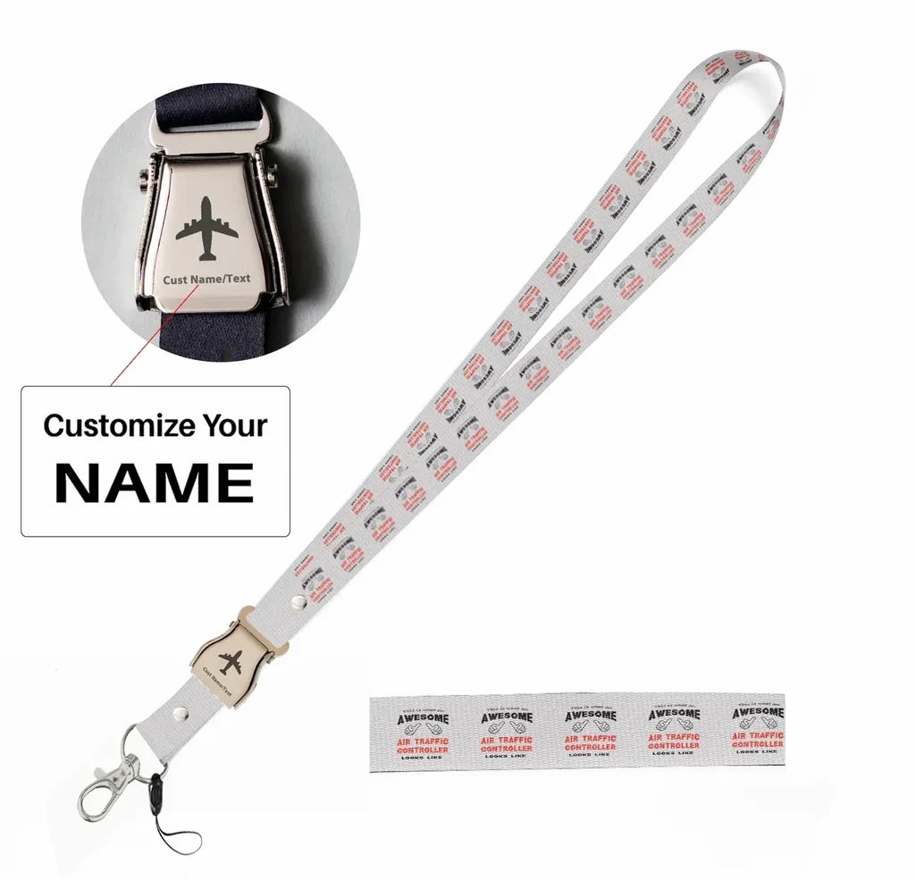 Air Traffic Controller seat belt lanyard - white with name