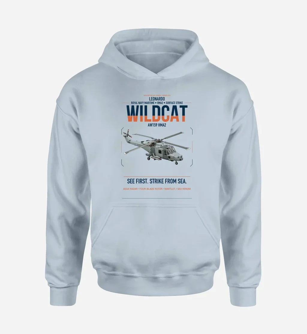 Leonardo AW159 Wildcat HMA2 design on light blue double-side hoodie, single-side print