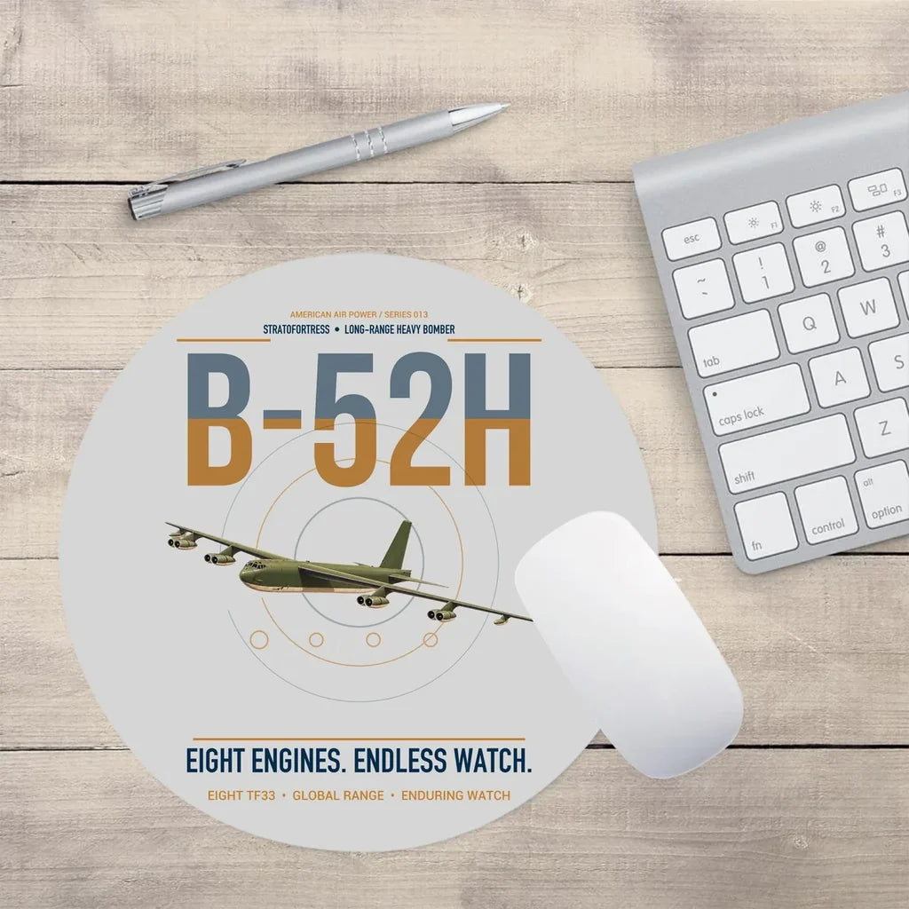 B-52H Stratofortress design on light gray round mouse pad