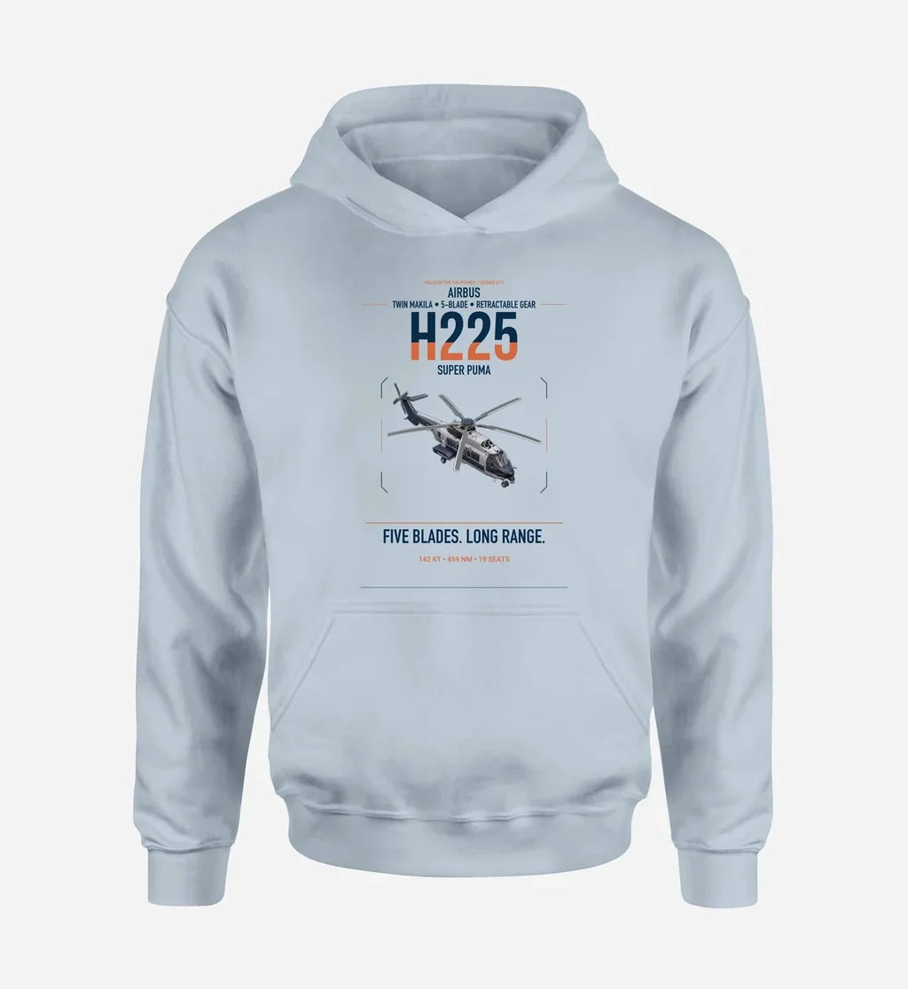 Airbus H225 design on light blue double-side hoodie, single-side print