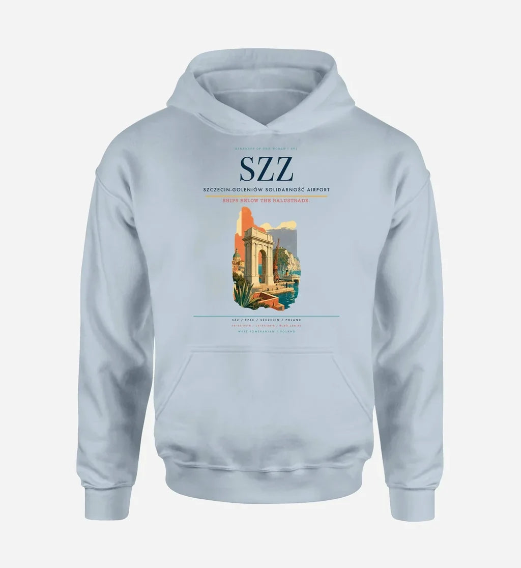Szczecin-Goleniów Solidarność Airport (SZZ) design on light blue hoodie single-side print
