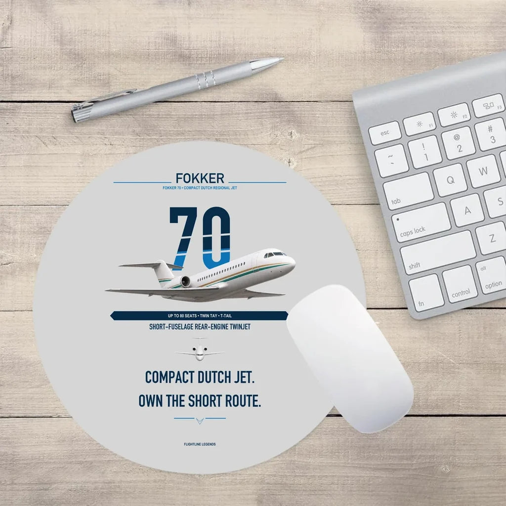 Fokker 70 design on light gray round mouse pad