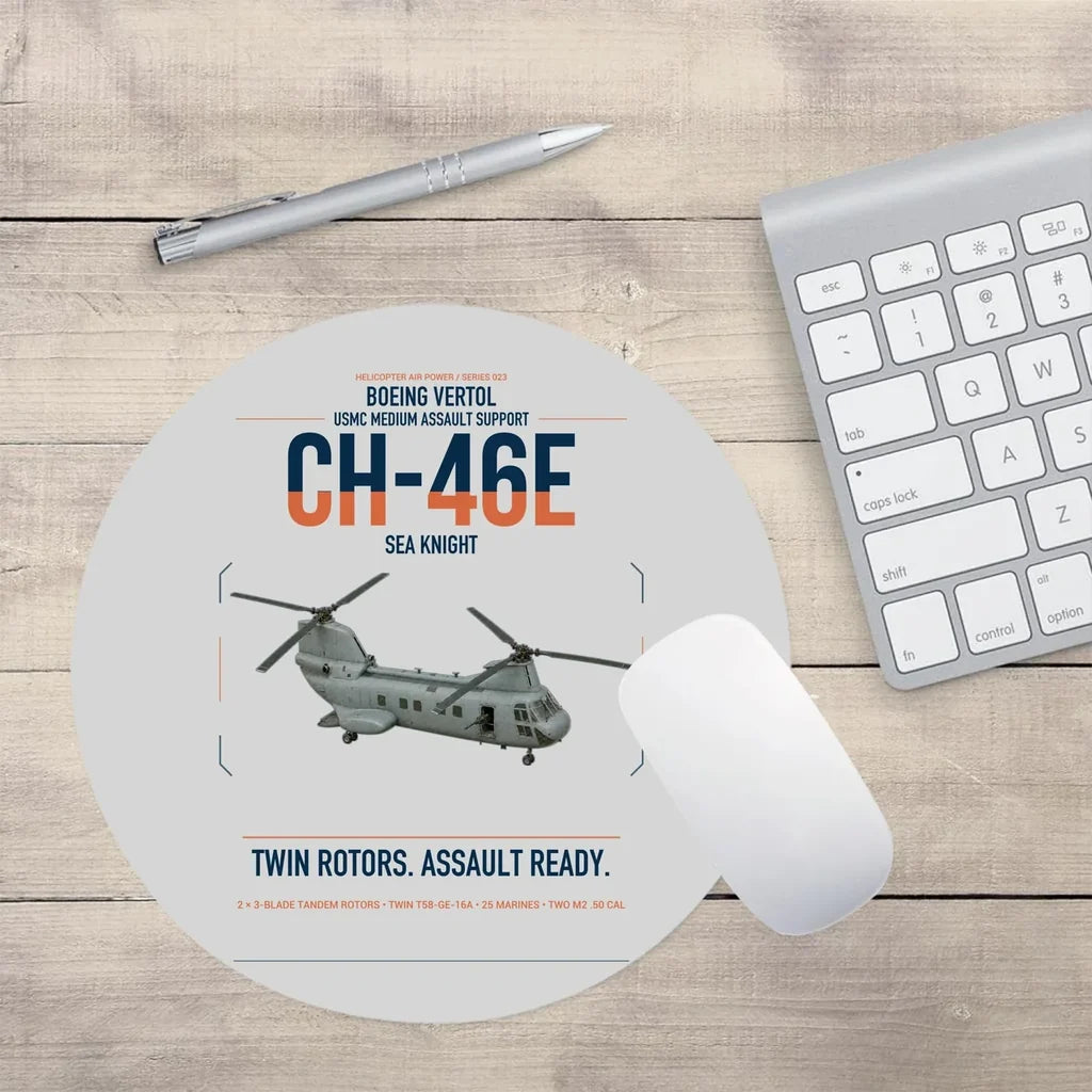 Boeing Vertol CH-46E Sea Knight design on light gray round mouse pad