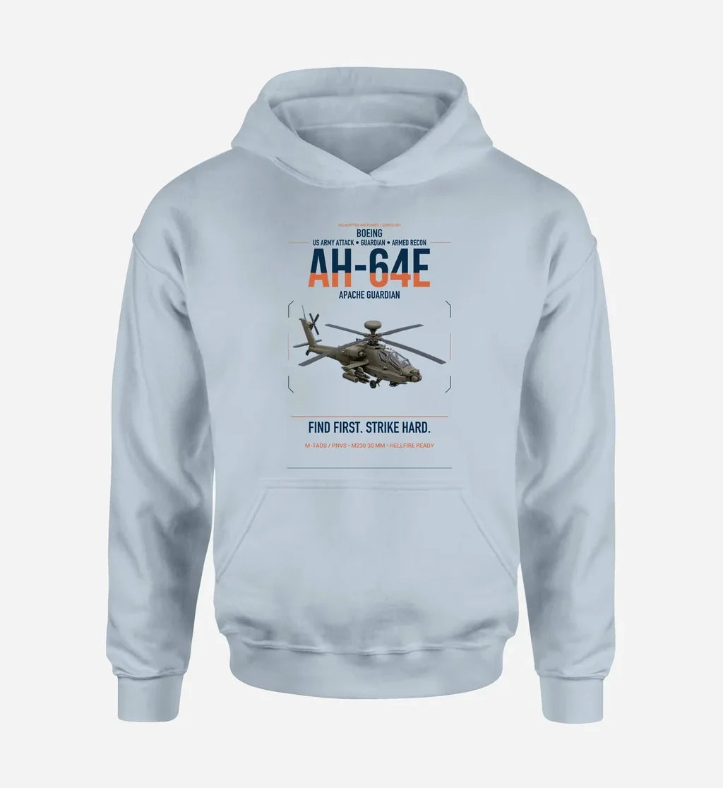 Boeing AH-64E Apache Guardian design on light blue double-side hoodie, single-side print
