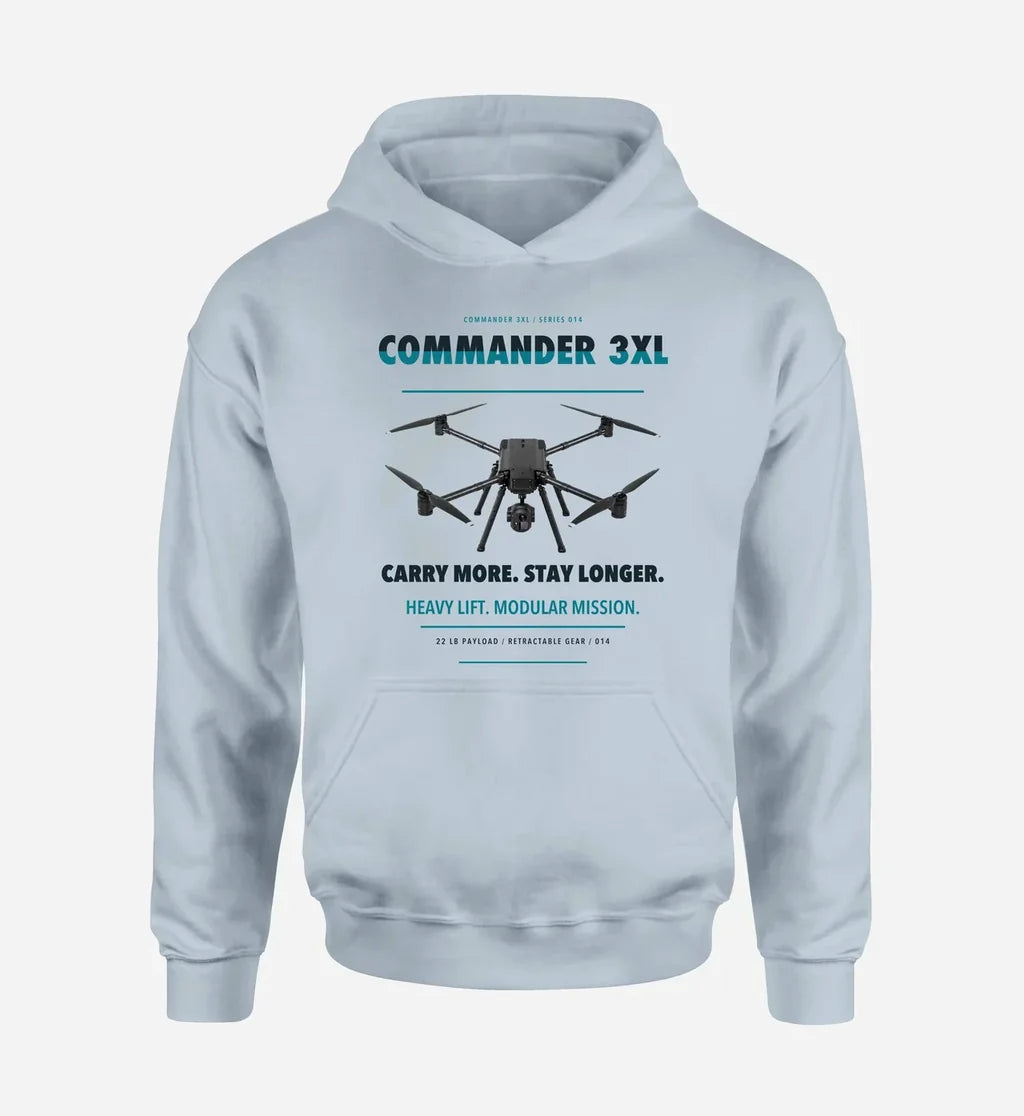 Draganfly Commander 3XL design on light blue hoodie single side