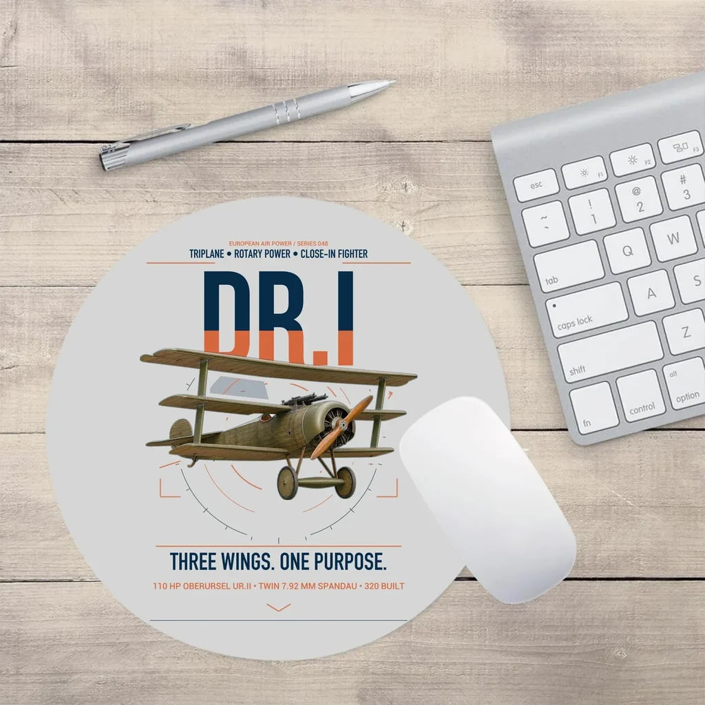 Fokker Dr.I design on light gray round mouse pad