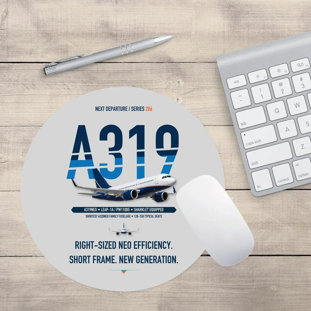 Airbus A319neo design on light gray round mouse pad