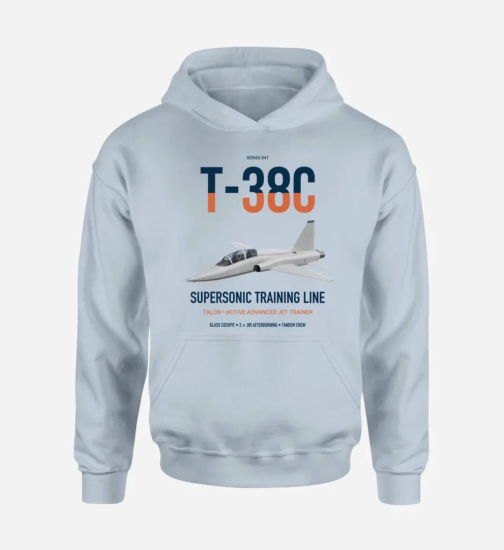 T-38C Talon design on light blue double-side hoodie, single-side print