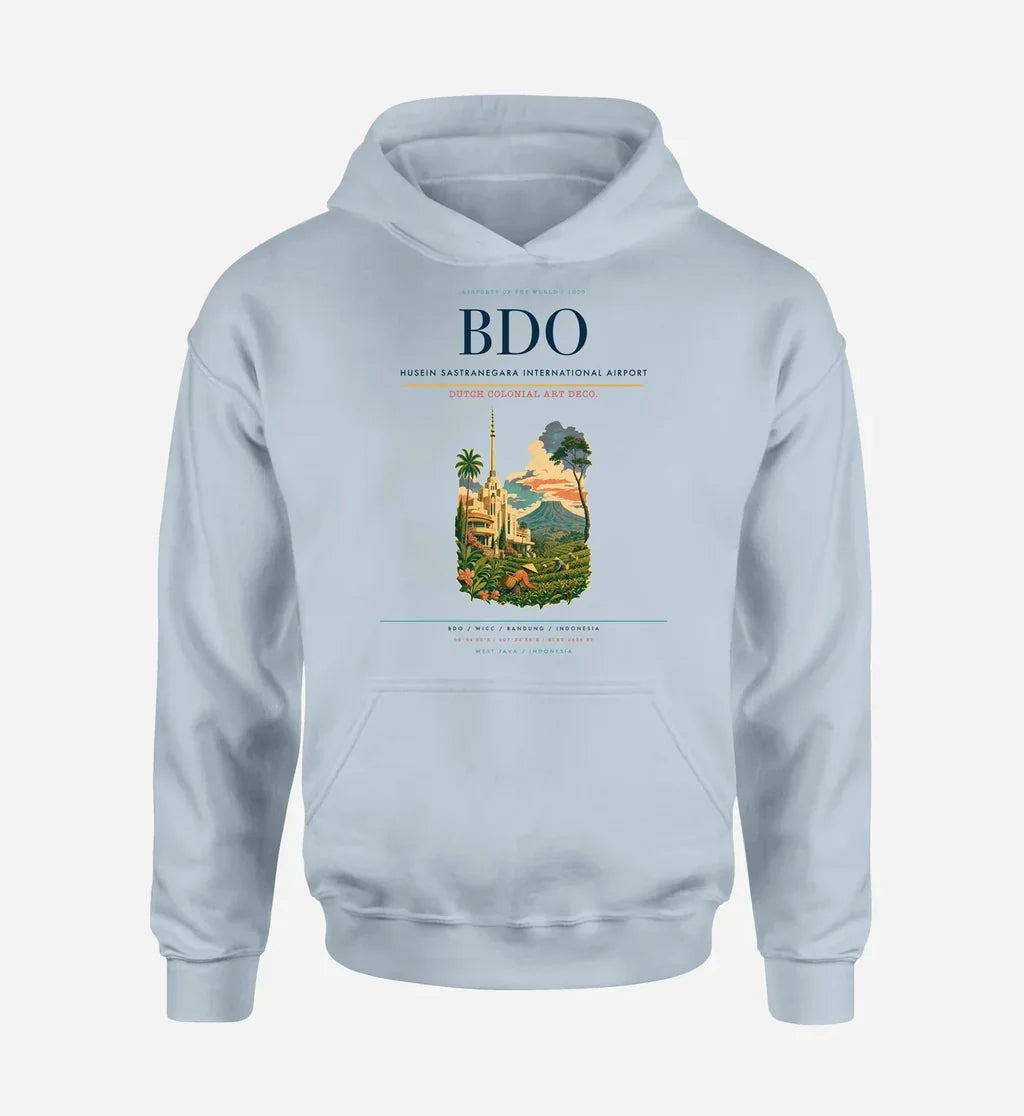 Husein Sastranegara International Airport (BDO) design on light blue hoodie single-side print
