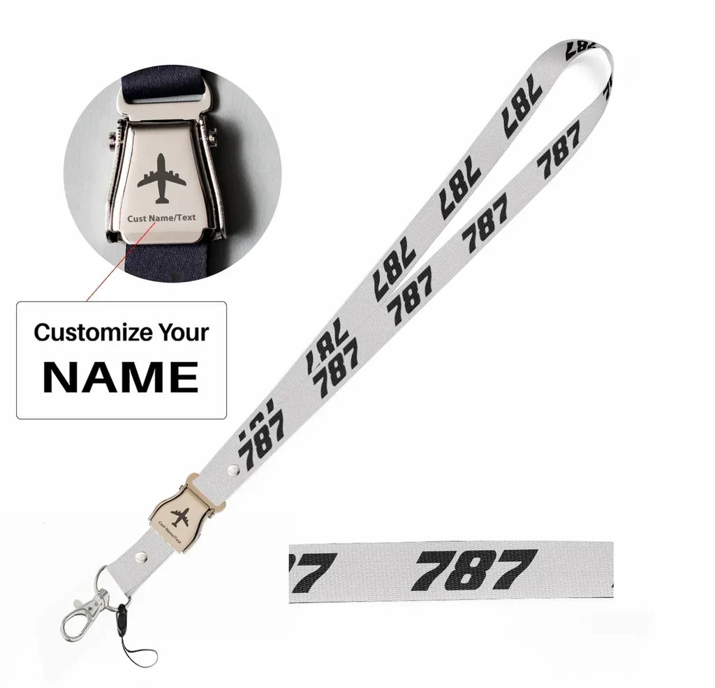 Boeing 787 Flat Text seat belt lanyard - white with name