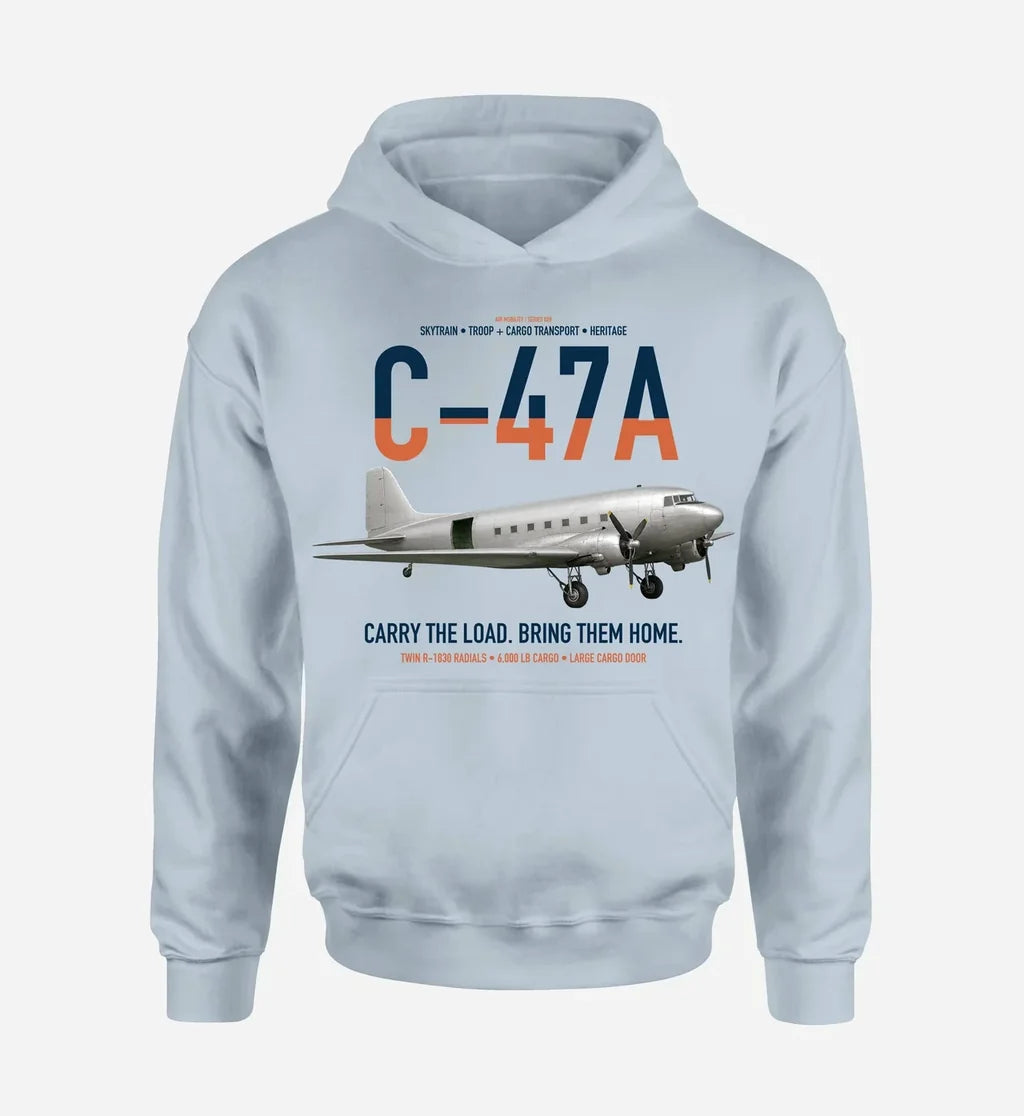 C-47A Skytrain design on light blue double-side hoodie, single-side print