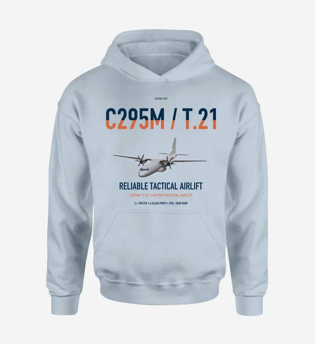 Airbus C295M T.21 design on light blue double-side hoodie, single-side print