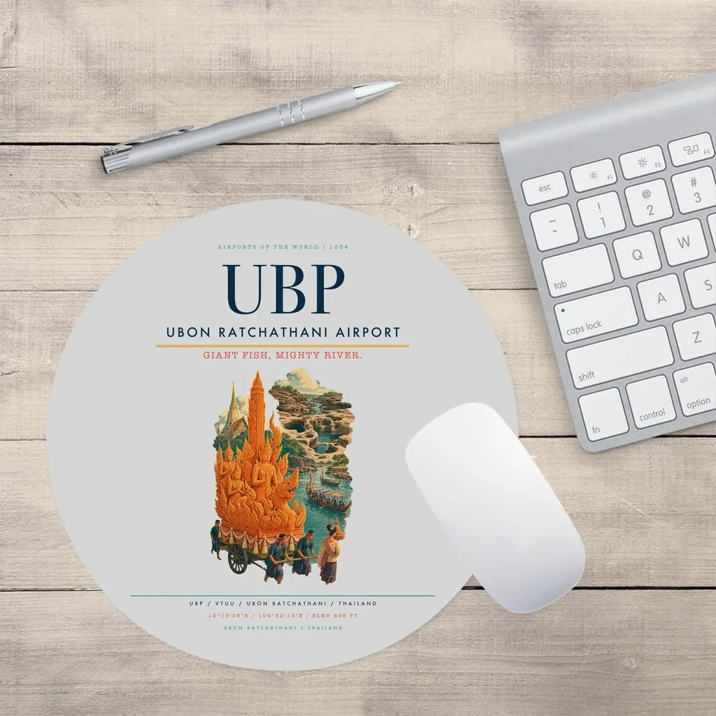 Ubon Ratchathani Airport (UBP) design on light gray round mouse pad