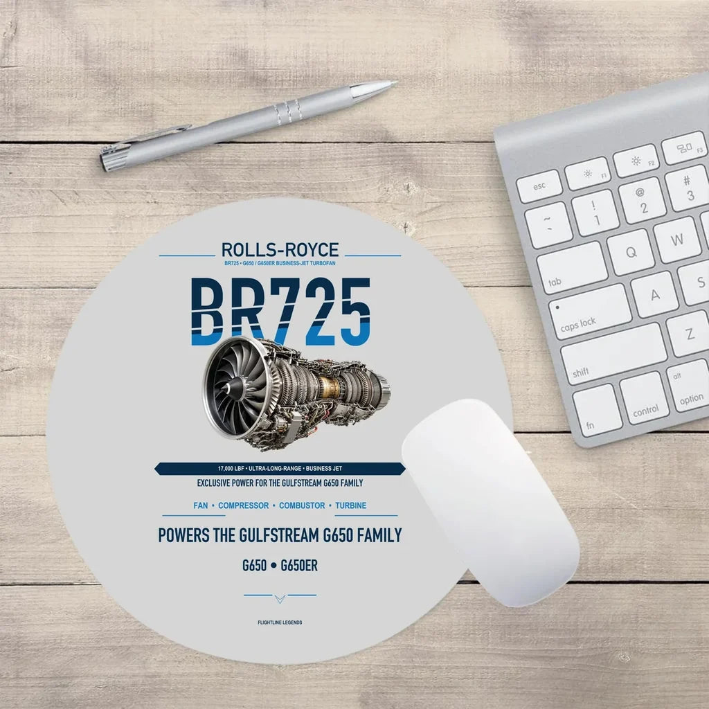 BR725 design on light gray round mouse pad