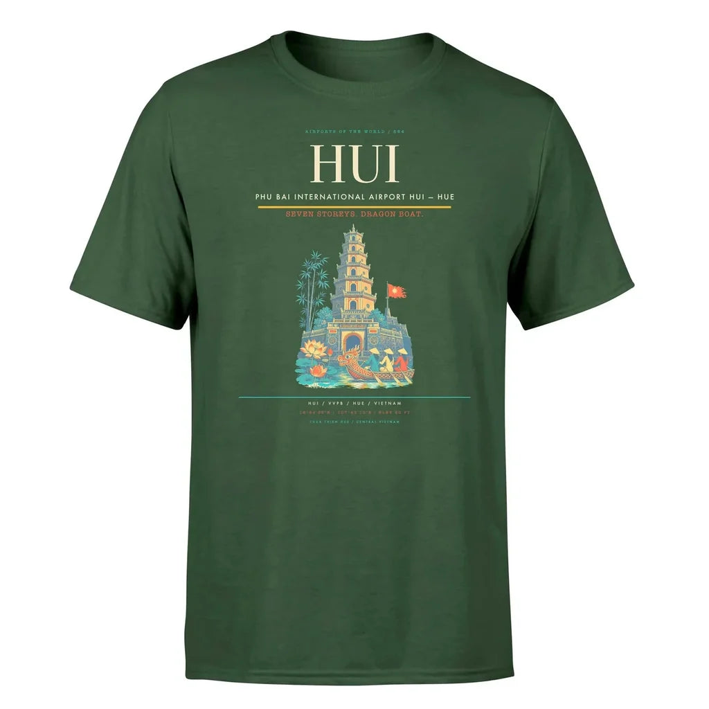 Phu Bai International Airport (HUI) T-Shirt single-side front print in Dark Green | phu-bai-international-airport-hui-double-side-t-shirt