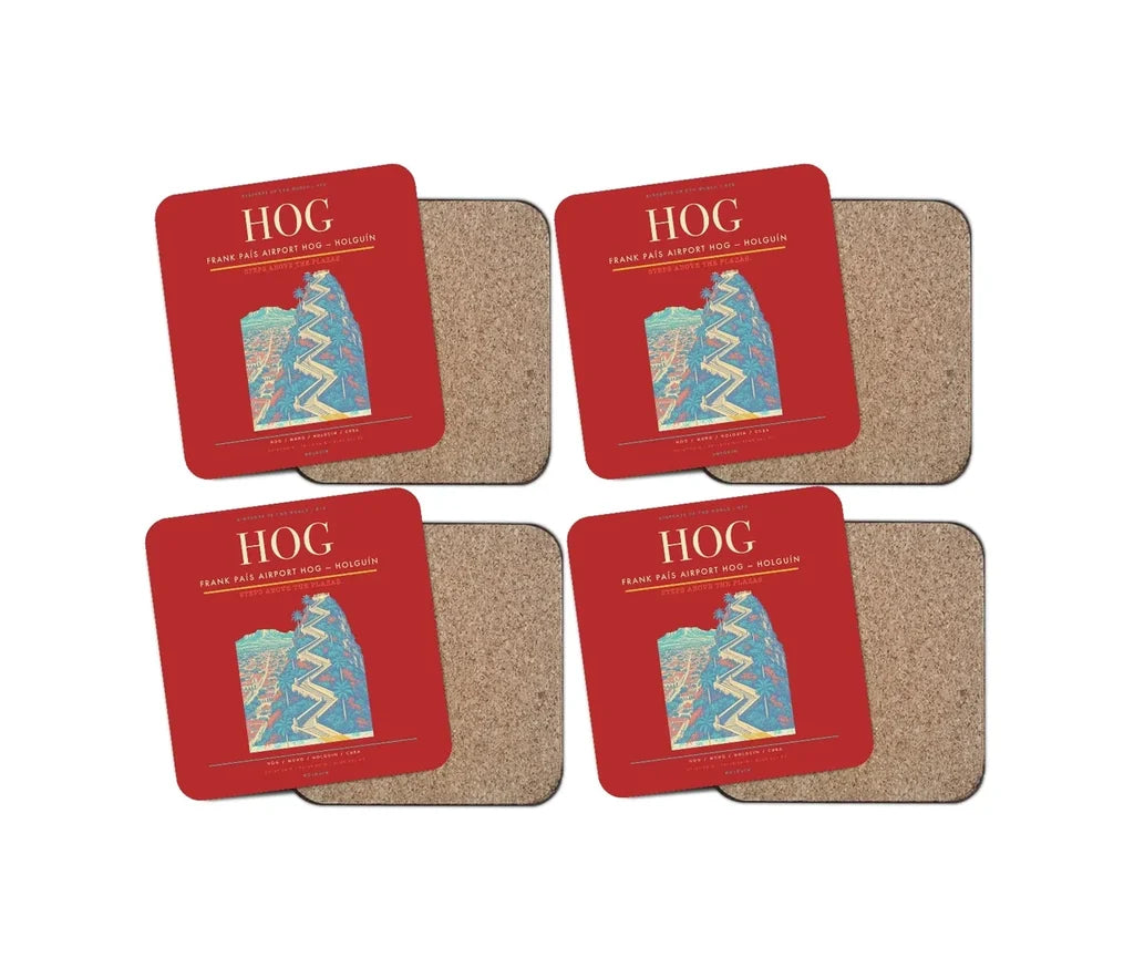 Frank País Airport (HOG) design on red 4 pieces set coaster