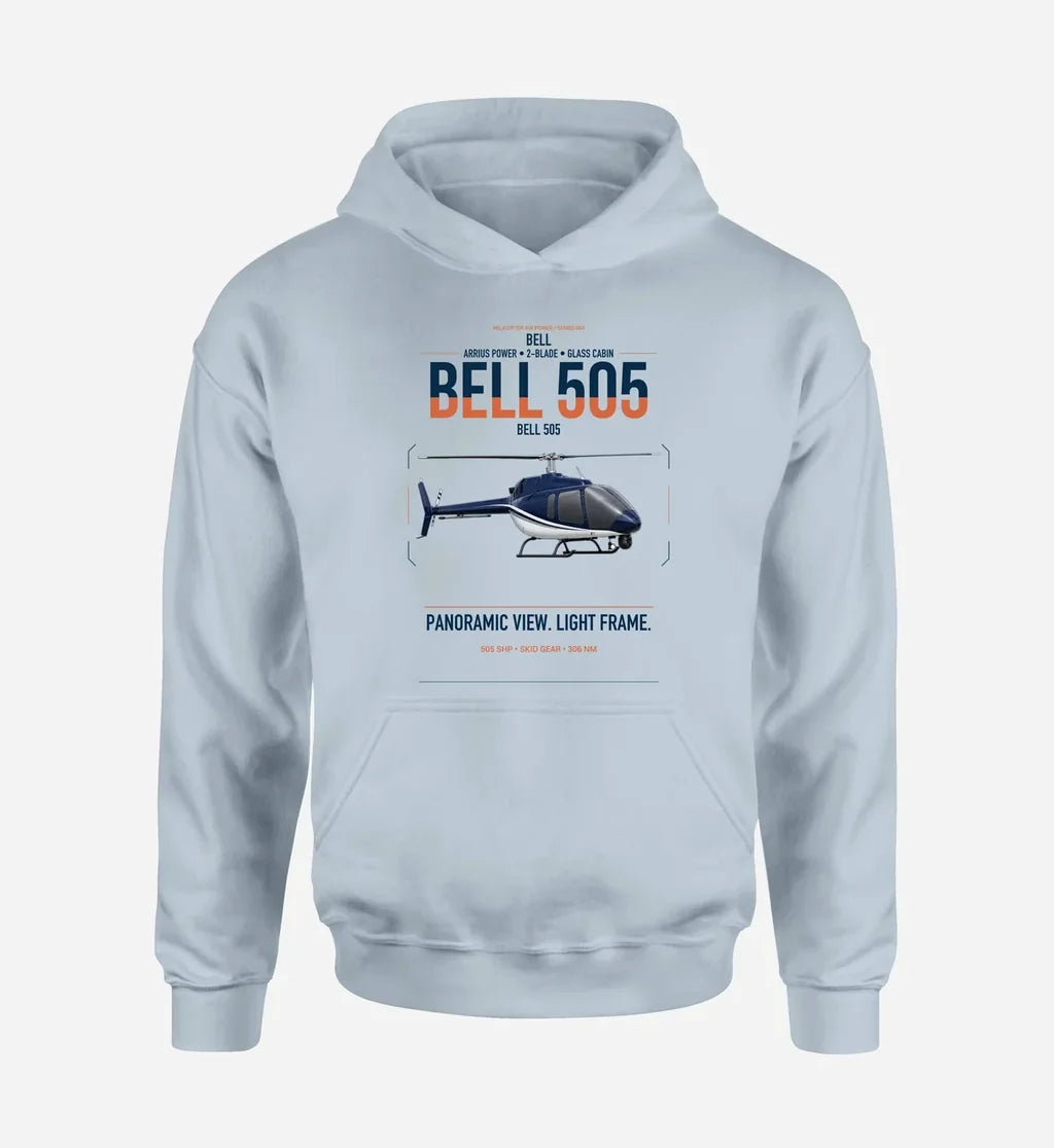 Bell 505 design on light blue double-side hoodie, single-side print