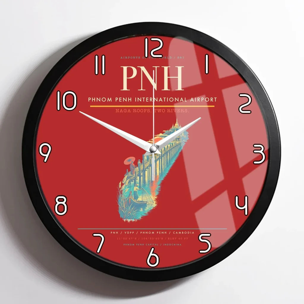 Phnom Penh International Airport (PNH) design on red framed wall clock