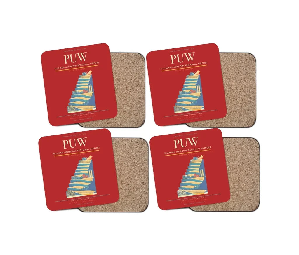 Pullman–Moscow Regional Airport (PUW) design on red 4 pieces set coaster