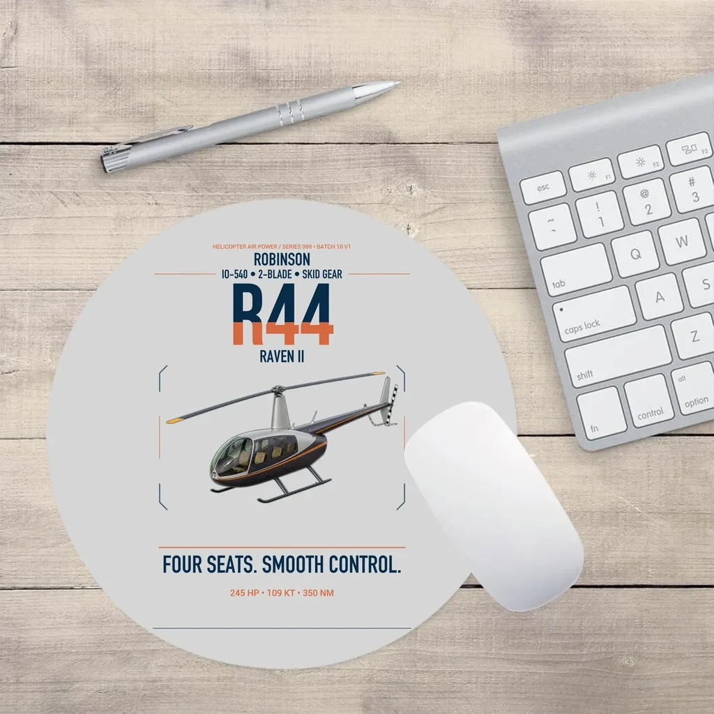 Robinson R44 Raven II design on light gray round mouse pad