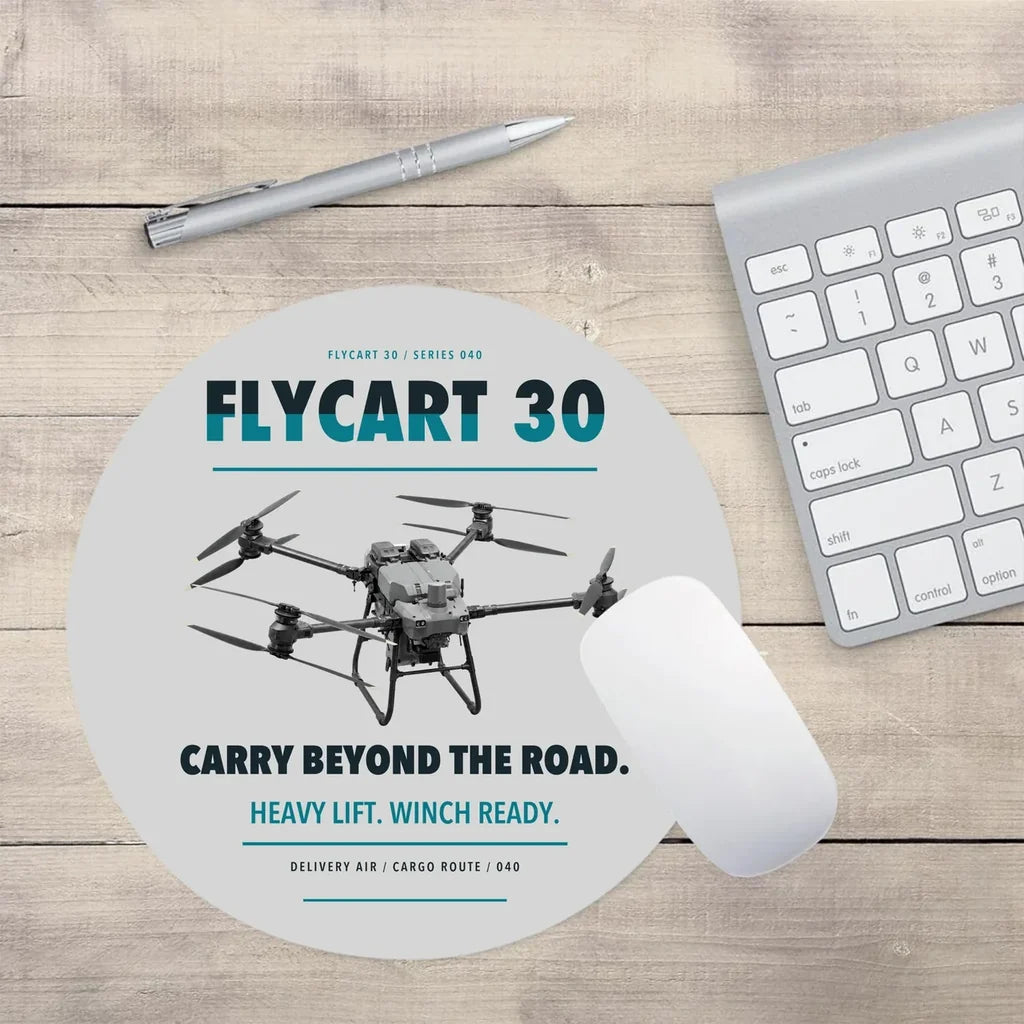 DJI FlyCart 30 design on light gray round mouse pad