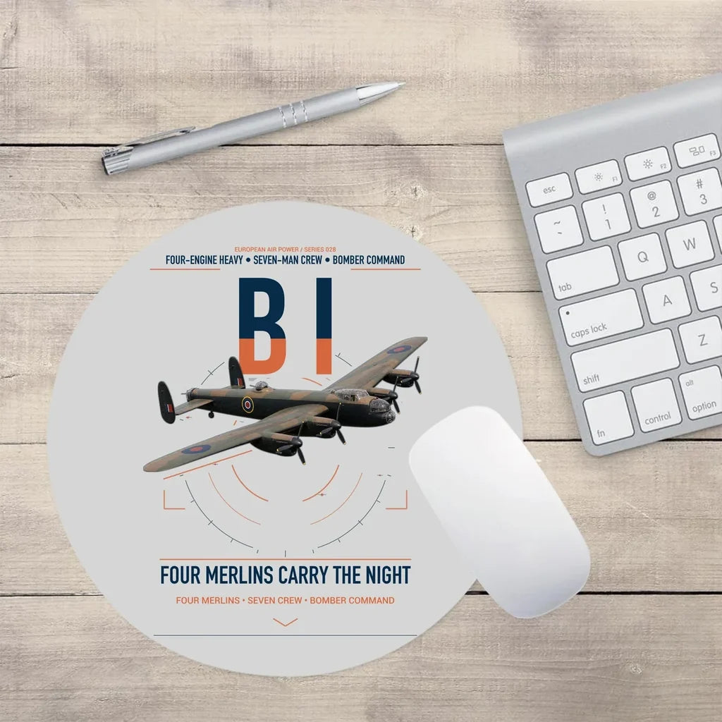 Avro Lancaster B I design on light gray round mouse pad