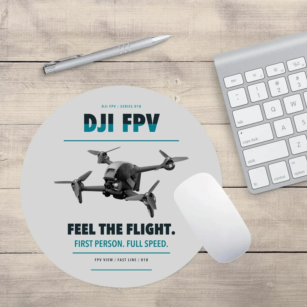 DJI FPV design on light gray round mouse pad