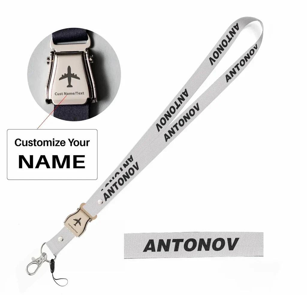 Antonov & Text seat belt lanyard - white with name
