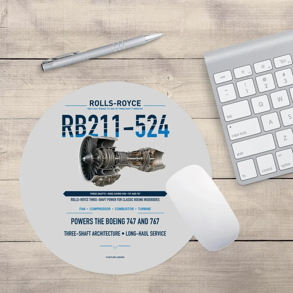 RB211-524 design on light gray round mouse pad