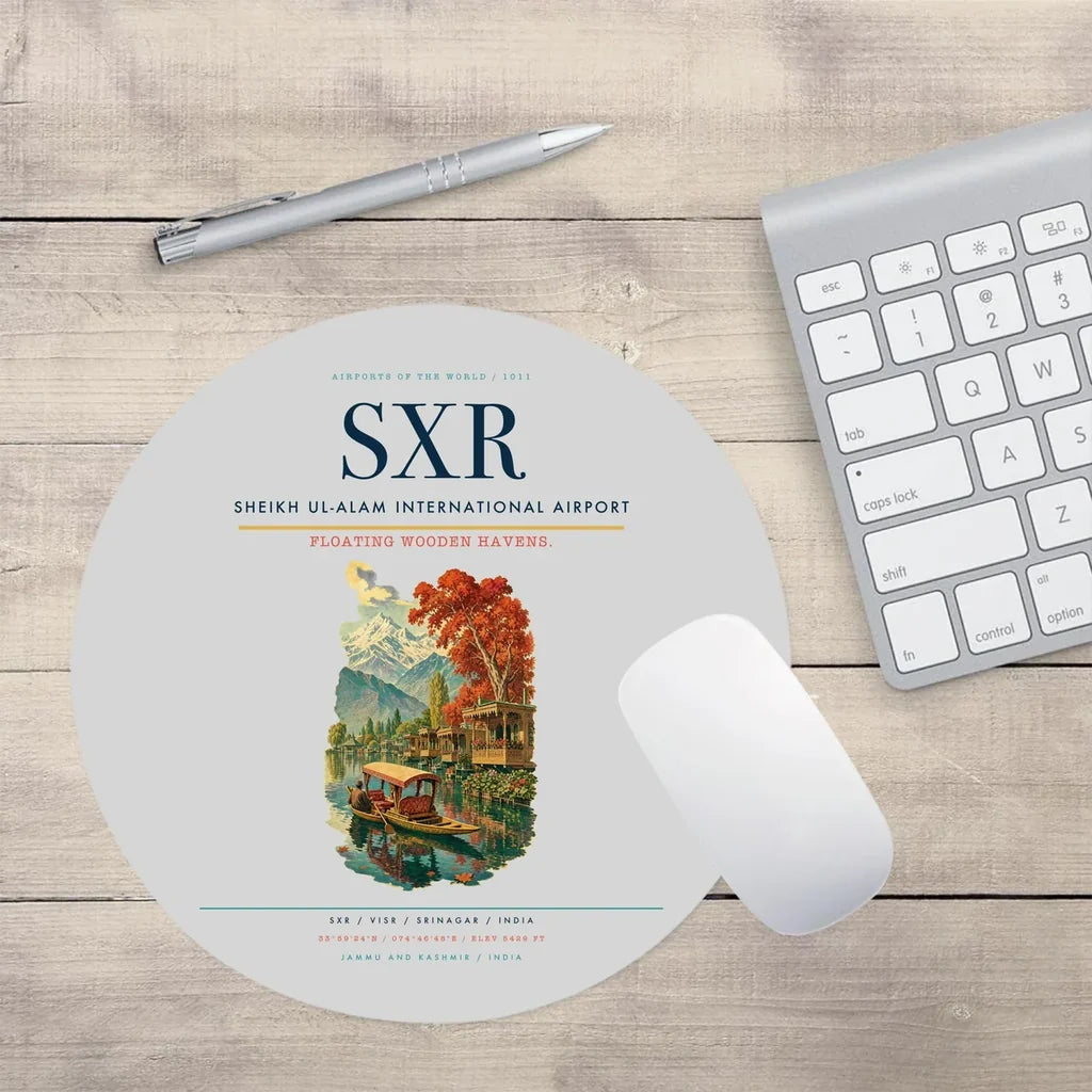 Sheikh ul-Alam International Airport (SXR) design on light gray round mouse pad