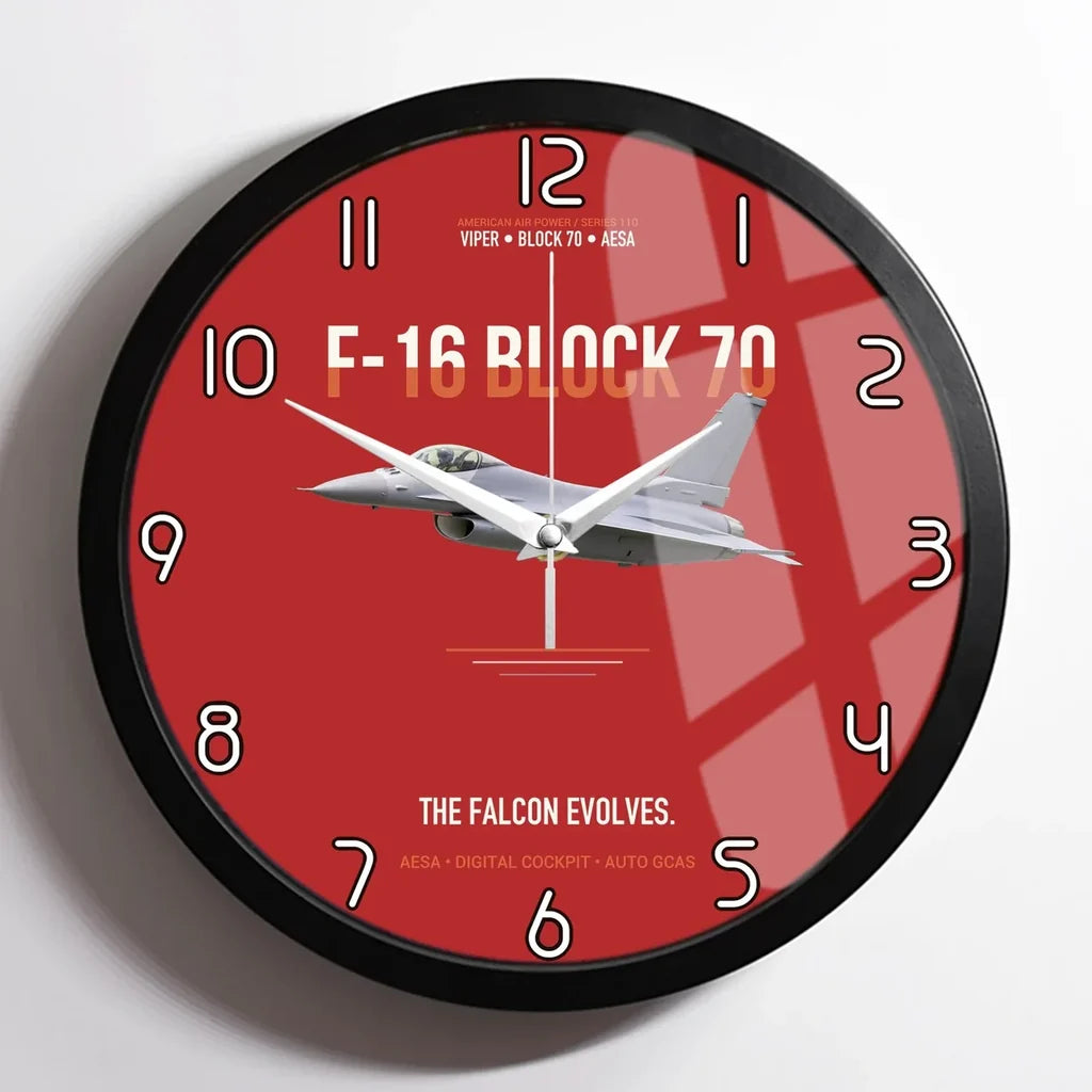 F-16 Block 70 The Falcon Evolves design on red framed wall clock